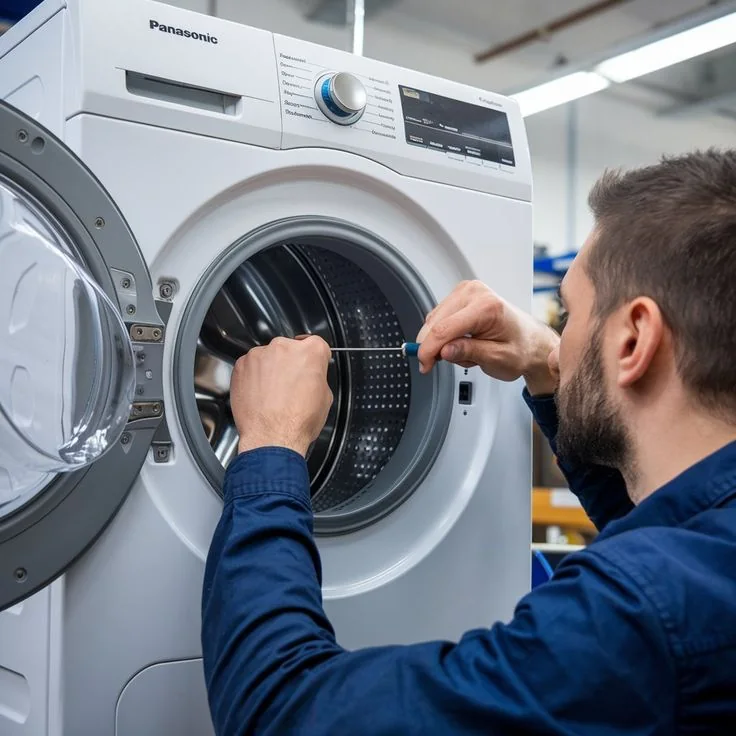 Independent appliance service professional inspecting a front-loading washing machine