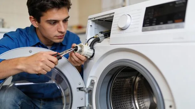 Independent appliance service professional repairing washing machine components